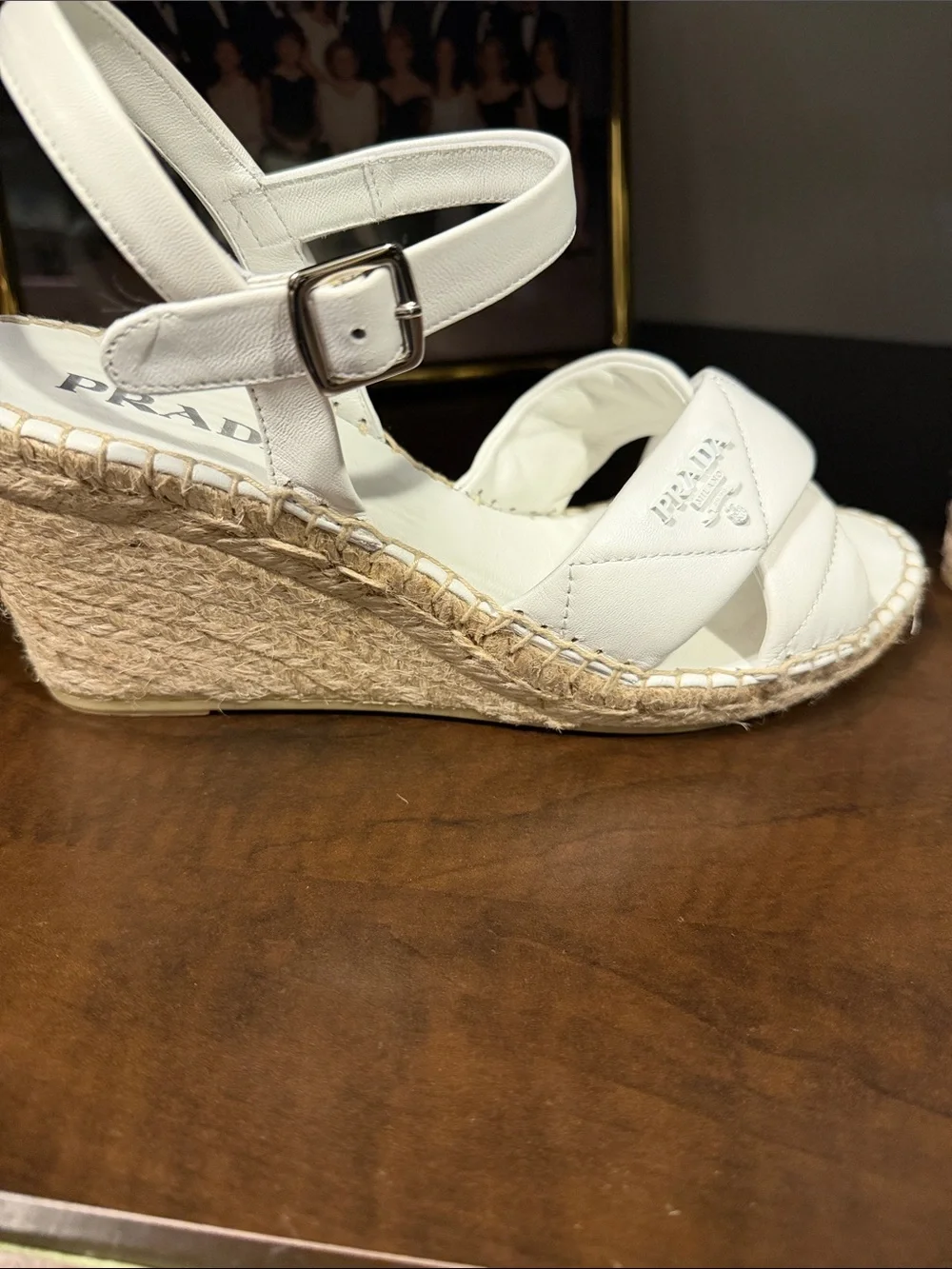 Prada White Leather Crisscross Espadrille Wedge Sandals